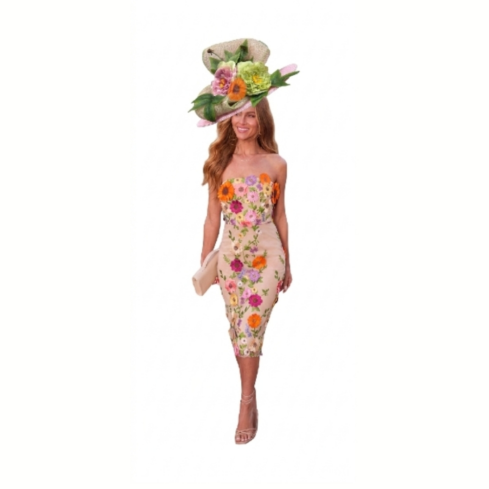 Stunning Couture Towering Sculpted Pink Green Floral Wide Brim Women's Hat AKA - Picture 5 of 5